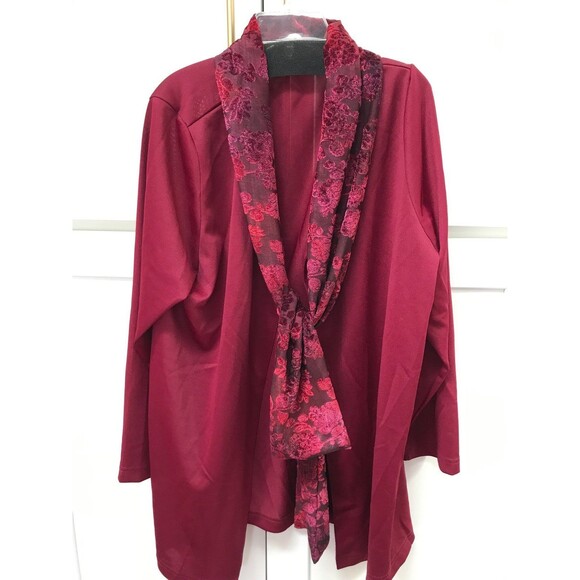 Roaman's Open Front Light Sweater Red Burn Out Velvet Scarf Tie Womens Sz XL - Picture 3 of 6